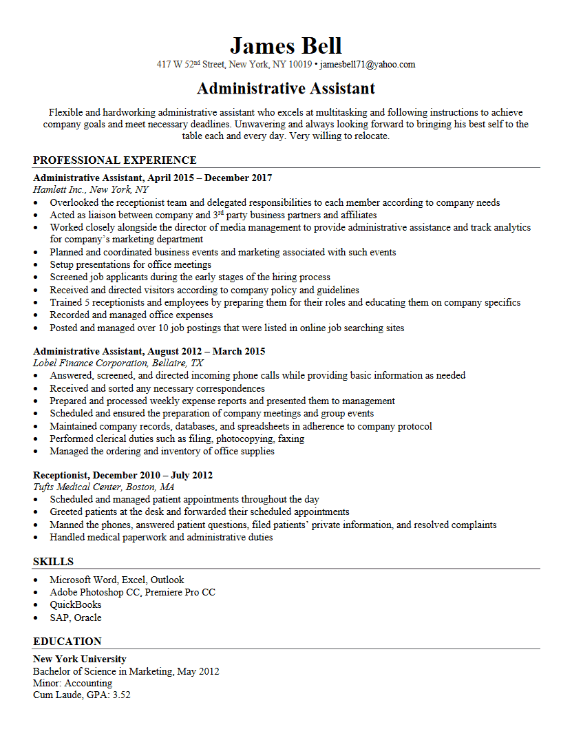 administrative job description resume